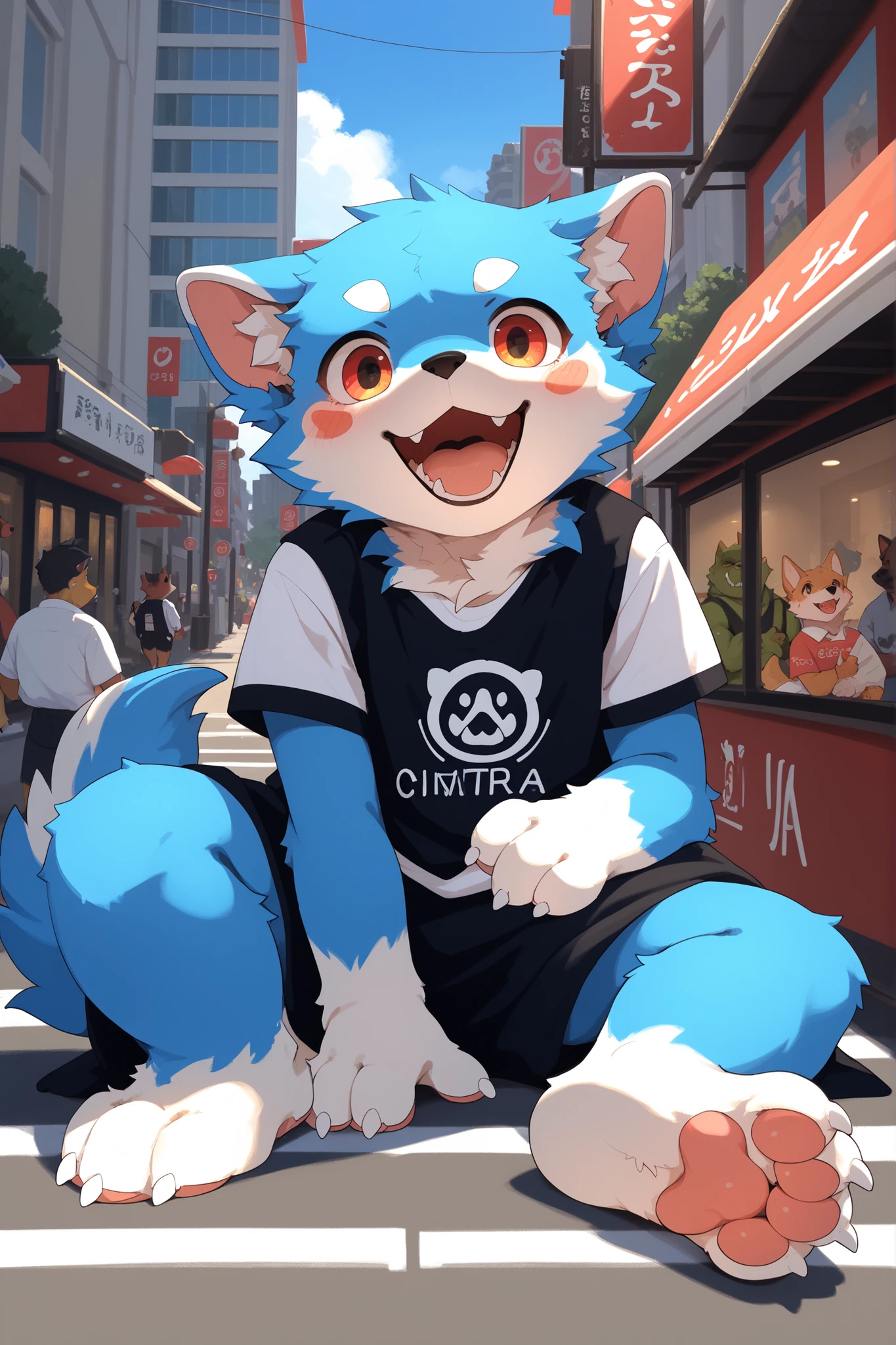 Anime style drawing of a dog, very very beautiful furry art, pov furry art, furry art, furry art!!!, High Quality Doujin Works , The highest-rated, detailed fan art, city street world background, fursona art, furry anime, by Shitao, Furry Mouth Art, SFW version full body photo, black, short sleeve, black shorts, barefoot claws, blue fur dog, orc boy with slightly red cheeks, looking happy at the audience