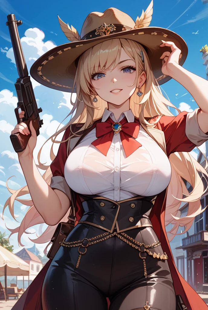 1girl,big breasts,standing in ruined city,(8k),scratches,detailed face,blond hair,green eyes,long hair,twintails,embarassed,small smile face,high_res, high_definition,the battlefield,Heroic pose,dark suit,mini cowboy hat,(symbiote spider man Custome:1.1),