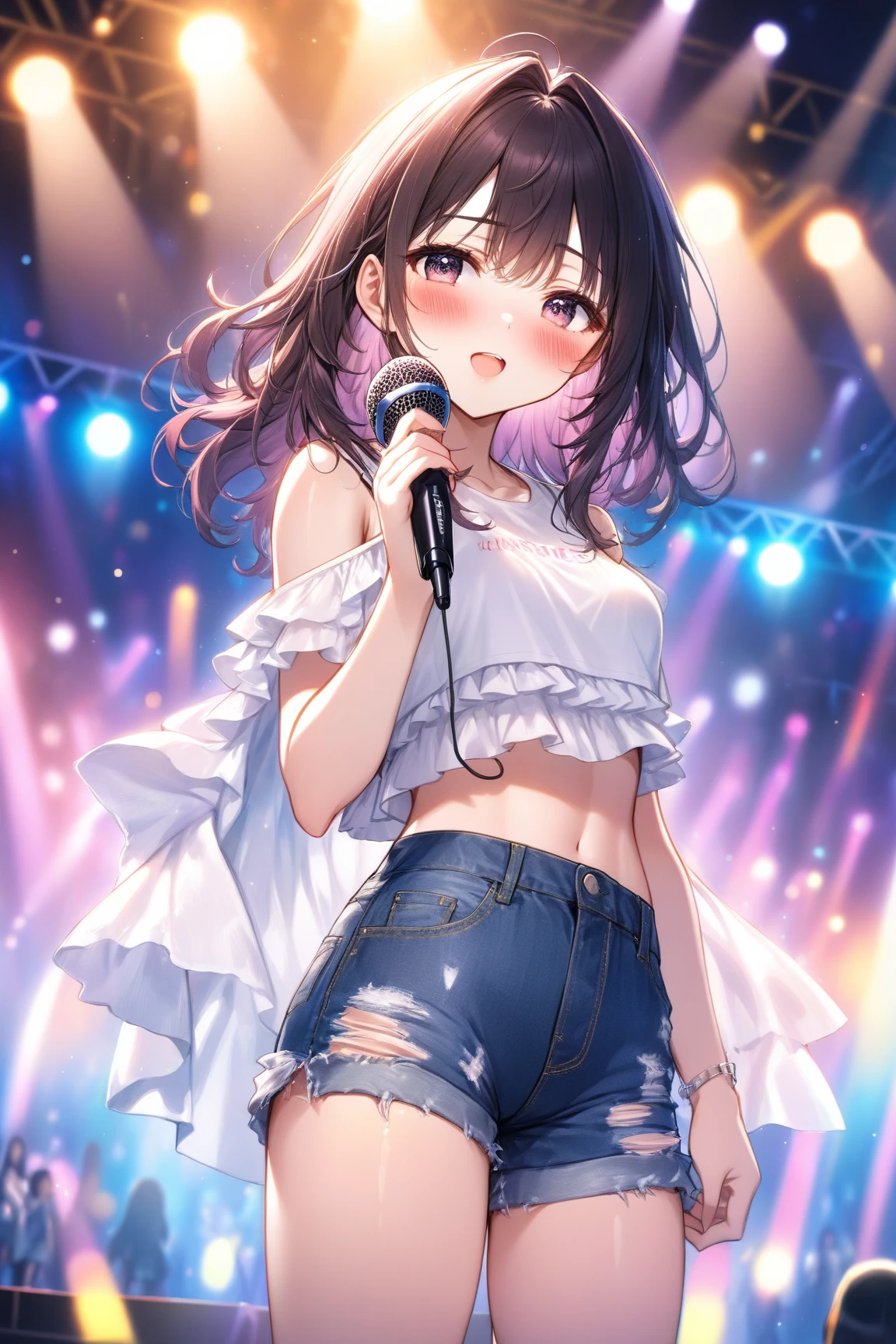 nsfw,(super fine illustration,8K CG wallpaper,best quality,extremely detailed,ultra high res,best aesthetic),(cowboy shot,from front),1girl ,idolmaster, {{{chihaya kisarahi}}}, (25yo,beautiful girl),(((beautiful dark brown eyes))),(((beautiful bule hair))), ((long straight hair)),(wet skin),(scatter sweat),(steam),((flat chests,very small breasts)),((((slender and tall)))),((on stage)),(((bule idol dress))),(((see-through))),((spread legs)),(((straddling))),((spread pussy:1.3)), (pubic brown hair:1.4), (open mouths), (stick out tongue),(feel good),(shyness),(((singing))),(((hold the microphone with right hand))),(((sex,cowgirl))),cum short,have fun,spotlight,