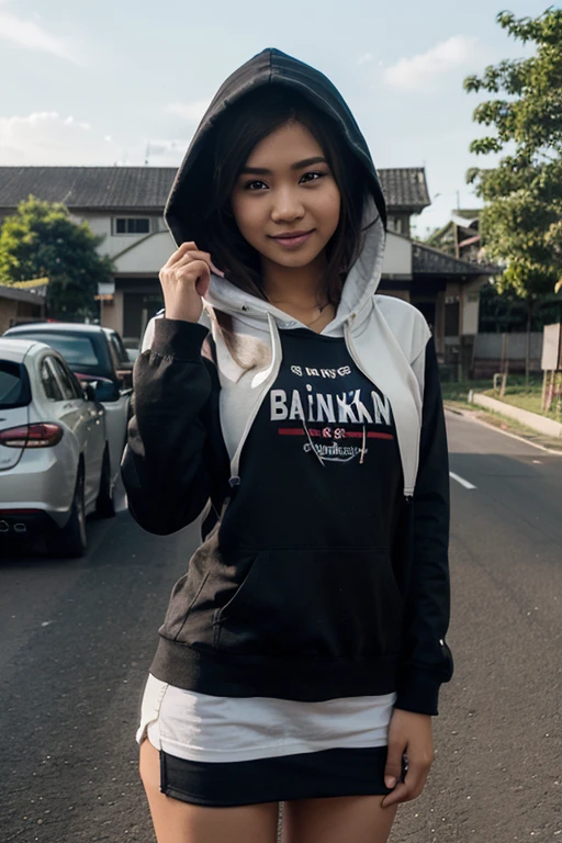 masterpiece, high_quality, 1girl, short_hair, pink_hair, hoodie, cap, black_shorts, medium_breast, mature_woman, simple_background