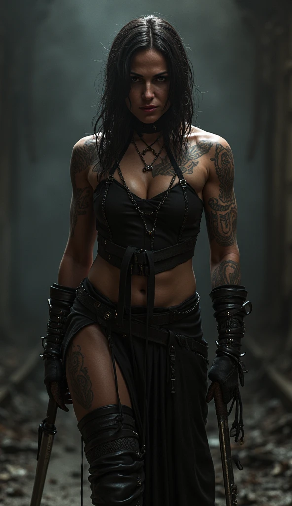 cinematic film still ,(full body:1.8), dynamic post apocalyptic raw photo of a 1 girl,solo, 20yo old woman with black hair , dressed in a  very short black gothic top that only covers the breasts , very short black gothic miniskirt, ripped fishnet stockings, black gothic look combat boots, holding a sword and a shield,(dirty bloody skin:1.4), (dirty face:1.4). The background is a destroyed medieval English village, fire is burning in the street,
(darkness:4.0), fog rolls in,dangerous, ghostly, spooky, scary, mystical, creepy, dirty, outside, dark clouds, clothing with very high details, midnight, 
 <lora:add-detail-xl:1.8> ,  <lora:80s_punk_clothing:3> 80s punk clothing,  <lora:angry:0.8>,  <lora:rippingclothesv6abbreviated captions:1.5>  rippingclothes, Ultra-HD-details, true to life, HDR image, High detail resolution, high detailed cloth, cinematic lighting, realistic, sharp focus, (very detailed), ((4K HQ)), depth of field, f/1.2, Leica, 8K HDR, High contrast, bokeh, realistic shadows, vignette, epic, . shallow depth of field, vignette, highly detailed, high budget, bokeh, cinemascope, moody, epic, gorgeous, film grain, grainy