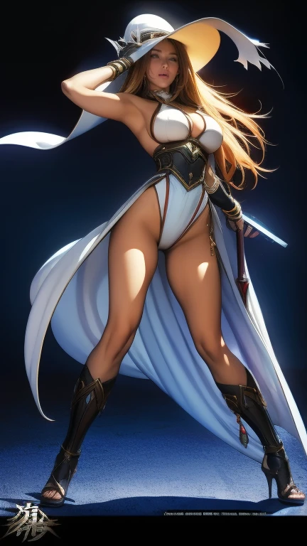 extremely long hair , ponytail, perfect anatomy 1 girl tall solo, slim thick, ((muscular)) high elf toned body, silver breast plate, blue cape, slendered abs, hourglass waist, detailed face, defined cheekbones, puffy lips, gauntlets, gold crown, shadow over eyes, looking at viewer, masterpiece, white thigh highs lingerie, high heels