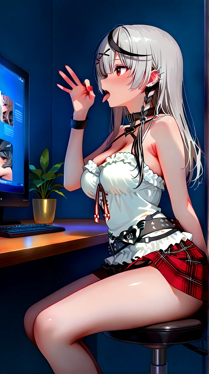 Two Women、beautiful girl、Sit on a chair、Big glasses、Dark Room、computer、Sit in a gaming chair、High-end headphones、Holding a dildo、computerに向き合う、Ahegao、In underwear、beautiful girl, Highest quality, Stripes模様のブラジャー、Thick thighs、Big 、Big Ass、Black Hair、long hair、Bangs、Sweaty body、I'm sweating all over、Excitedいる、Stripes々Panties、Play erotic games、The monitor is an erotic screen、The monitor shows a naked woman、Excited、Inserting a dildo into the vagina、Masturbation、masturbation、Masturbation、Intense piston of dildo、Squirting、Vigorously shaking your hips vulgarly、Lesbian play、Women making love、two lesbians、Inserting dildos into each other's vaginas