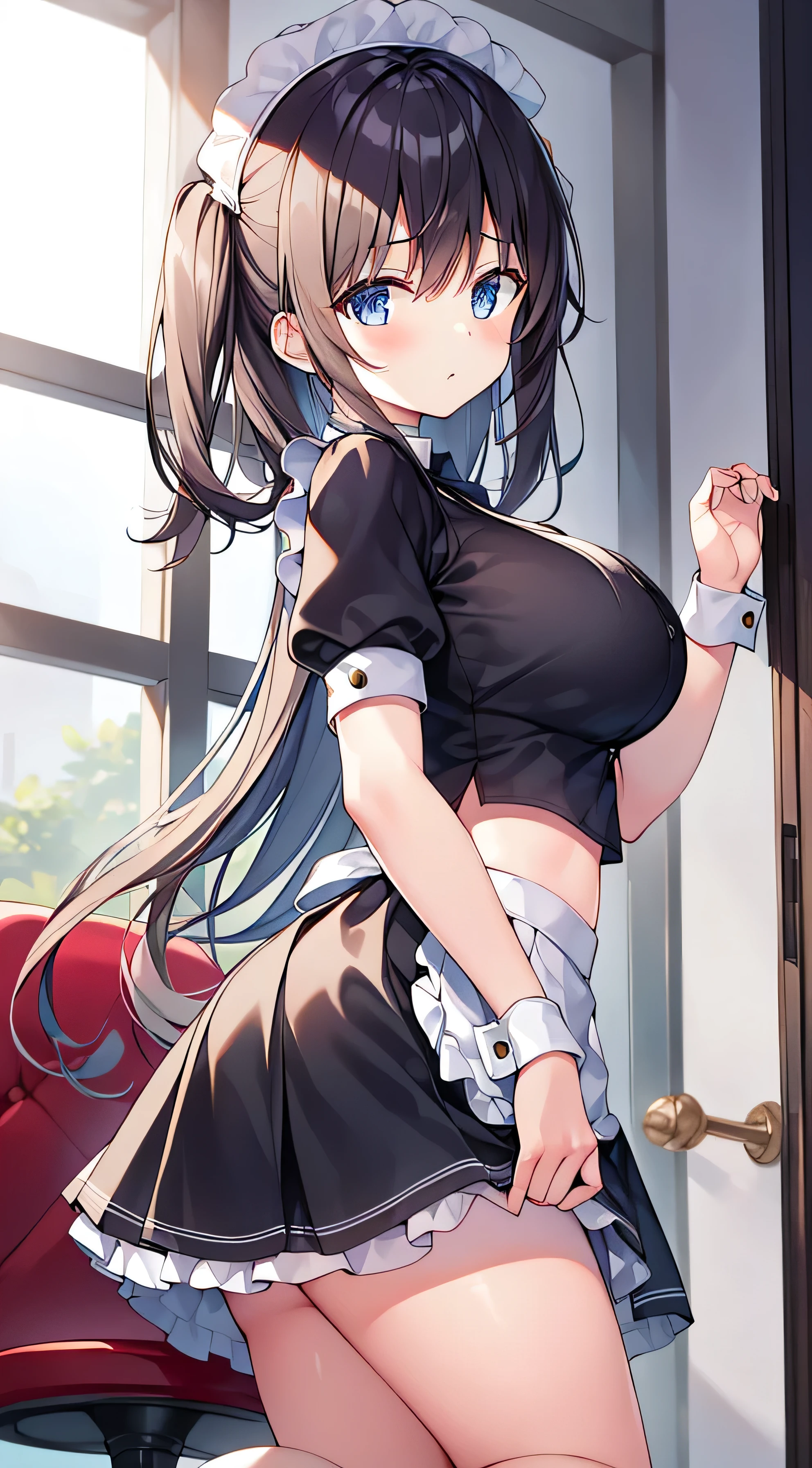 woman,smile,Bob Hair,Large Breasts,Maid clothes,Short sleeve,I can see the valley.Cute black gloves,Cat ears headband,Wear tights,Dark brown hair,Large Breasts,maid Cafe