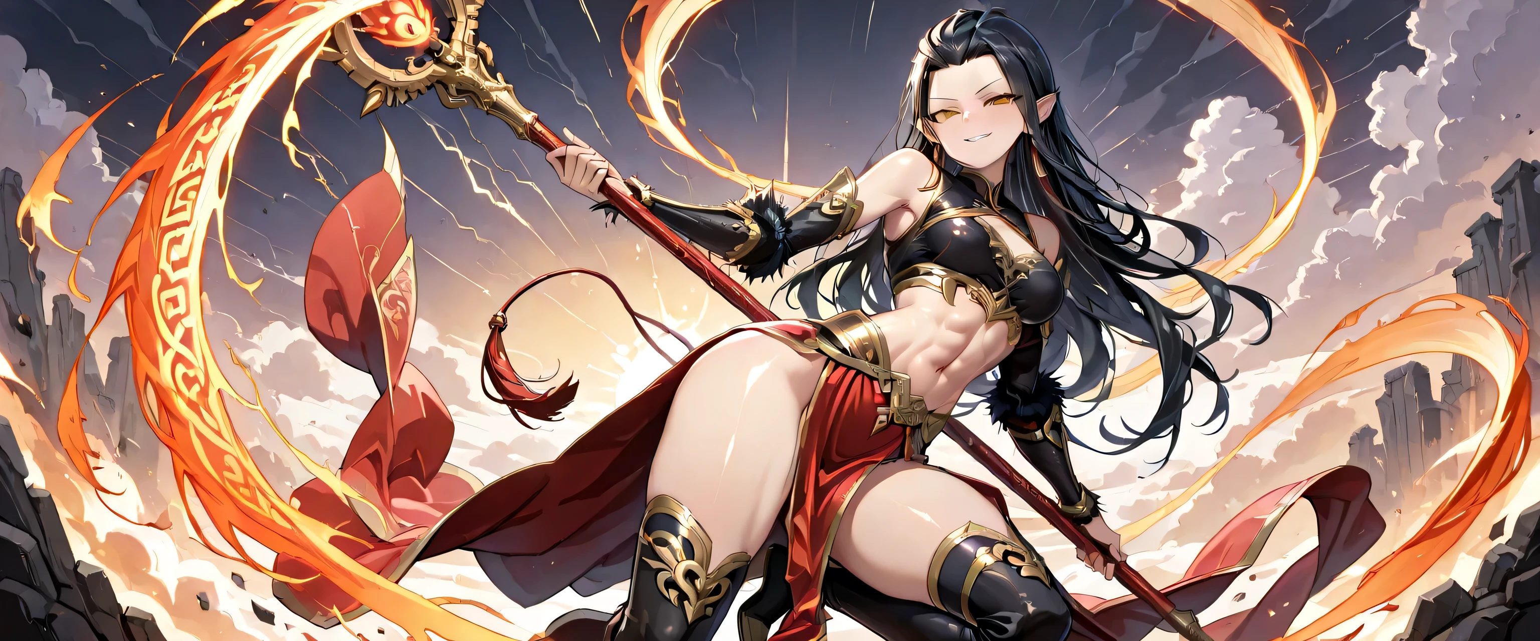 (masterpiece, best quality, ultra detailed, chinese fantasy style, 4k), a breathtaking female version of Sun Wukong (Tôn Ngộ Không), blending wild divine monkey essence with seductive warrior elegance. She has long wild black hair with golden streaks, golden glowing eyes full of rebellious fire, and a confident, mischievous smirk. Her body is toned and feminine, with soft golden monkey fur on her arms, thighs, and lower back. She also has furry pointed ears, and a long, elegant tail covered in golden fur.
She wears a revealing but ornate red and gold Chinese battle outfit: armored bracers, golden shoulder guards, flowing red silk sashes, and a high-slit skirt with dragon embroidery. Her top exposes her midriff, with golden fur gently visible along her abs and sides. Her legs have thigh-high armored boots, and golden fur trails subtly from the knees downward.
In her hands, she swings the massive glowing golden Ruyi Jingu Bang staff mid-air. Her pose is acrobatic, fierce — leaping through the sky as storm clouds swirl behind. Glowing divine runes hover around her, and the shattered ruins of Heaven crumble beneath her divine fury. Her aura crackles with golden lightning, and the wind blows silk, fur, and hair like a divine tempest.
Expression: fierce, seductive, proud. Style: epic Chinese fantasy, goddess-warrior energy.