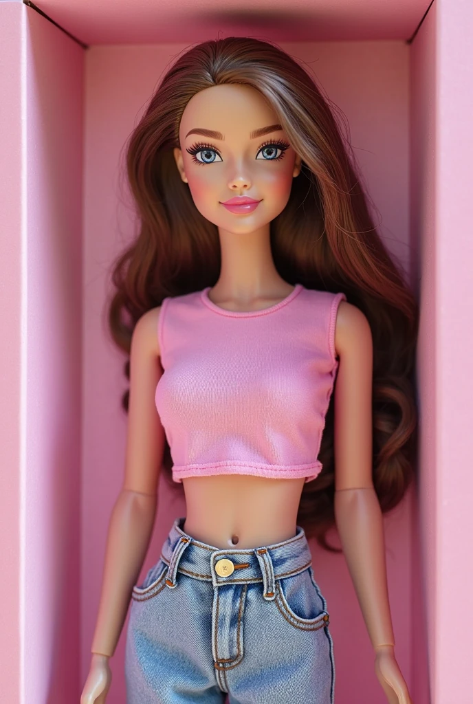 Make a figurine with the following specifications Top: Pink glitter crop top with pink waistband with thin straps and off the shoulder V-neckline with pink glitter tulle drop sleeves.
Bottom: Short cargo skirt in dark blue with large pockets on the sides and two in the back .