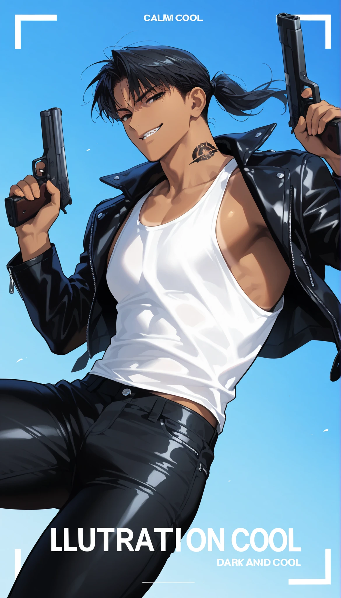 high resolution, masterpiece, best quality, high resolution, masterpiece, 1 man, background, black hair, black eyes, handsome, outdoor, illustration, dark skin, gradation eyes, Refreshing, Age in their 20s, muscled body, slightly large eyes, (white tank top, leather jacket, black combat pants), detailed face, (large build), sharp jawline, (calm and cool aura, smirk, sexy), cinematic lighting, crisp edges, clean shading, from thighs up, (dynamic angle), (cinematic framing), natural pose, (ponytail), (toned physique), broad shoulders, defined jawline, ((dark skin, tanned skin)), (holding gun), black tattoo on neck