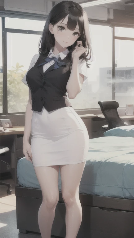 (masterpiece, best quality, depth of field), perfect anatomy, nice hands:1.2, sharp focus, 1girl, solo:1.3, office lady, white shirt, sleeves rolled up, black short skirt, cleavage, black bra:1.1, move pose, stockings, pantyhose, flirting, large hips, office