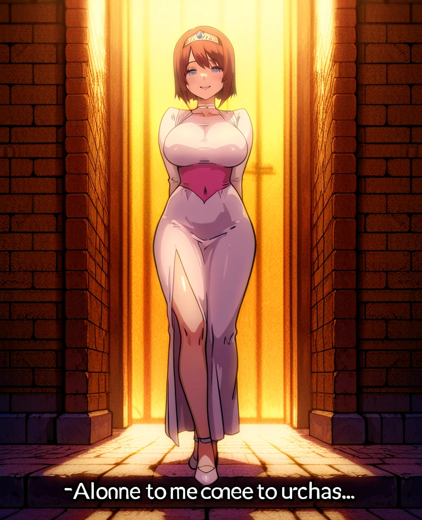 makoto nijima, blunt bangs, braid, brown hair, crown braid, (red eyes:1.3), short hair, nude , naked, long white elbow gloves, smile, red lipstick,light blue eye shadow, makeup, sexy pose, full body