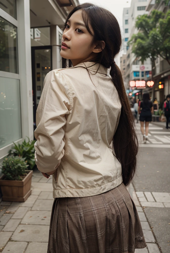 masterpiece, Highest quality, High resolution,8k, 1 hair clip, Tokiwadai School Uniform 、Gray Skirt Photorealistic,Windmill side、blue sky、smile、low length、Immature body、Small breasts、Beautiful cherry-colored areola、Erect nipples、Narrow waist、Small butt、Shaved、From behind, Recall、She lifts her skirt and pulls down her white panties with her hands.、Pull your buttocks with both hands to show your anus