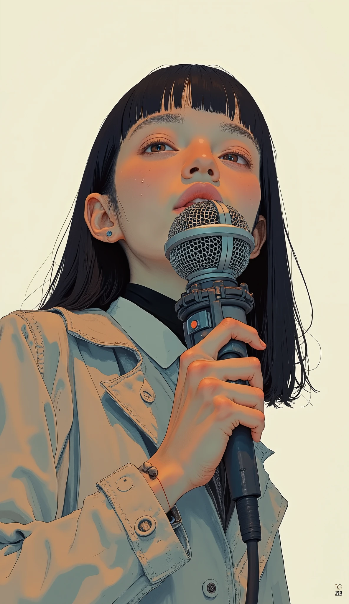 Woman holding an old microphone and singing, Poster Art ,Screen Print Poster, graphic novel cover art, graphic details ,Advertisement Art,Poster illustration, Illustrated poster, By Jens Sondergaard ,Fashion illustration drawn on a watercolor white paper background,promotional poster by Yanagawa Nobumasa,Comic book cover ,Emil Lindenfeld falling to the ground fashion illustration,Center Line