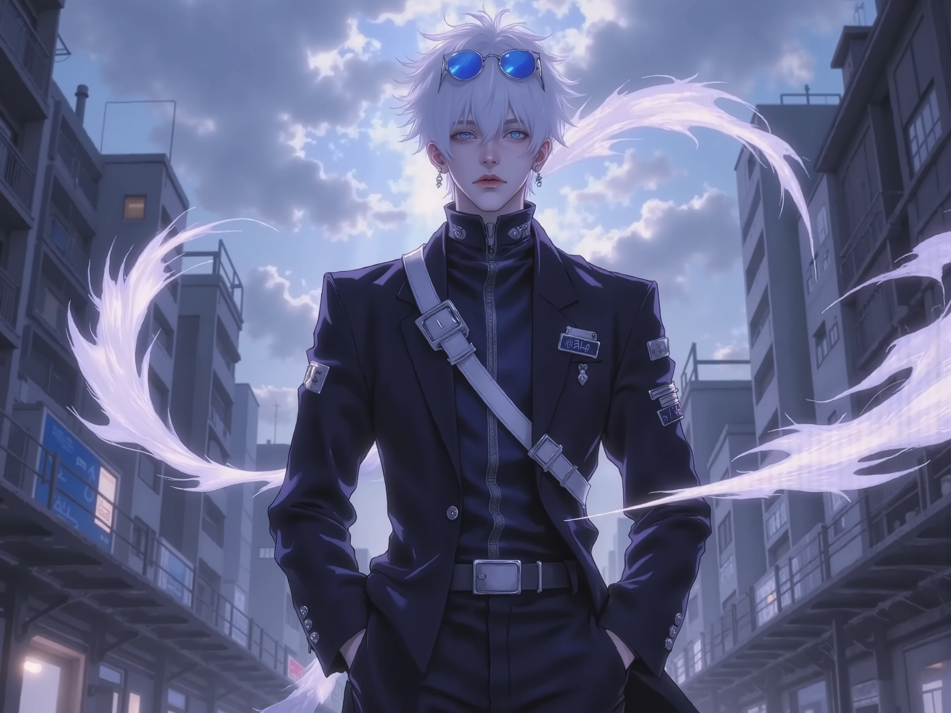 ((점수_9,점수_8_위로)), GOJO SATURO, Portrait of Gojo Satoru from "Jujutsu Kaisen", upper body only, facing forward with a calm and confident expression. White hair, blue sunglasses, wearing a high-collared black uniform. anime style, detailed lighting, soft shadows, A tall white-haired anime man with striking blue eyes, wearing a black high-collar uniform, pushed up on his head, standing in a destroyed Tokyo cityscape with cursed energy swirling around him, hands in pockets, Infinite Void theme, cinematic lighting, anime style, highly detailed