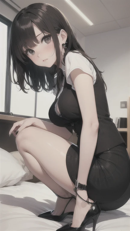 absurdres, RAW photo, extremely delicate and beautiful, masterpiece, Best Quality, ultra high resolution, 32k, hyperrealistic, ultra-detailed, perfect figure, in her 20s, delicate facial features, tearful mole, earring, big breasts, full body shot, medium hair, asymmetrical hair, bare foots, sleeveless collared shirt, shorts,