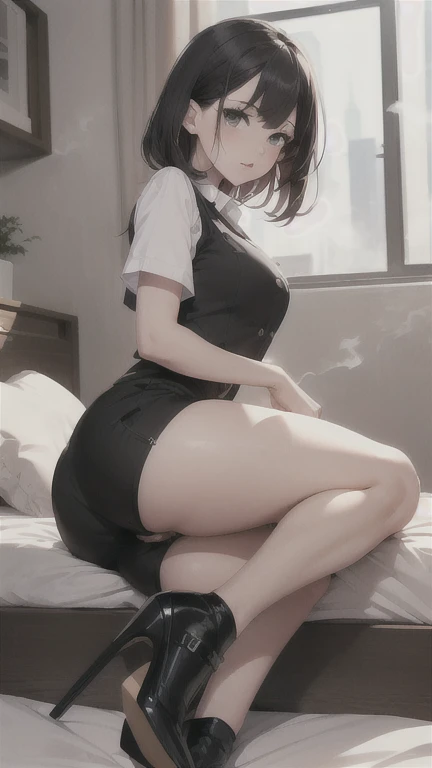 highest quality, masterpiece, Extremely detailed, (full body shot), Front view, symmetry, mature japanese , alone, (alone: 1.3), thin legs, whole body from head to toe, From above, sitting, M-shaped spread legs, look at the viewer: 1.3), small breasts, (Black sheer detail material and shiny tights): 1.2), Underwear made of white silk lace fabric through tights, very beautiful 17 year old girl, I don't have shoes, (blush: 1.3), shy big eyes, (short (brown hairy area), (bangs), messy hair, (hair clip), Lying on white sheets, I'm watching you: 1.3), look at the camera, You can see the white silk lace underwear, white lingerie, high blazer, high white blouse, high blue ribbon, High plaid and navy pleated skirt,
break
(pose to seduce a man: 1.3), (Charming genius girl:1.5), (Best lighting by famous artists: 1.2), 8K, ((Guidance on performing captivating poses by famous masters: 1.6)), ((thighs spread from side to side: 1.35)),
((deep い is written in the depth of the world:1.5)),