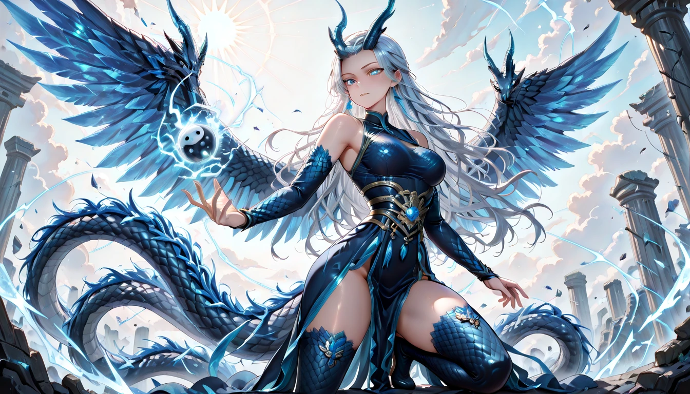(best quality,4k,8k,highres,masterpiece:1.2, portrait), ultra-detailed, realistic, naked sexy dragon woman with blue glittering scales, skin is glittering sapphire blue scales, short blonde hair with blue highlights, very playful but mischievous smile, huge tits, gigantic breasts, naked, nude, detailed crotch, detailed vulva, sexy pose, spread legs, playful, bi-coloured eyes, heterochromia, lustful