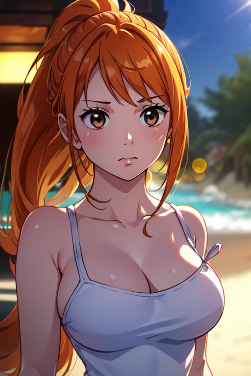 (masterpiece、top-quality、top-quality、Beautifully Aesthetic:1.2)、ighly detailed、highestdetailed、grey eyes、orange color hair|Semi-long blonde hair、cleavage of the breast、((a white bikini))、(highleg)、Matsumoto Rangiku、graffiti art、Look at the viewer、A smile、sand beach、Medium