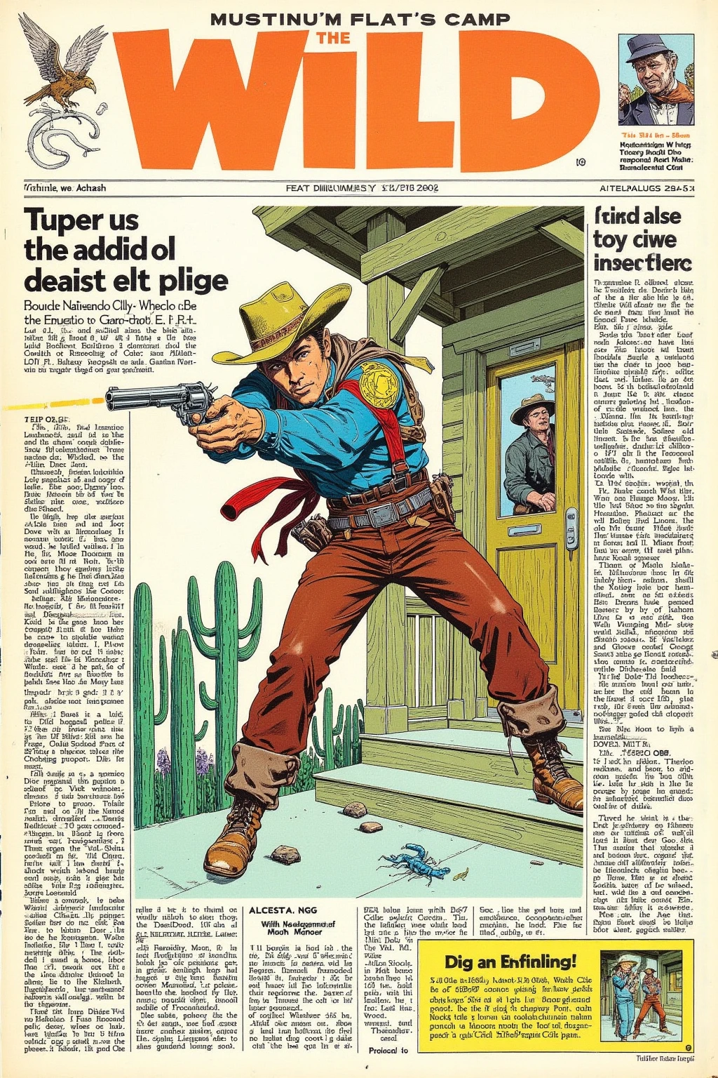 "Wild " English Newspaper with Detailed Headlines , Western Gunman Shoots a Handgun,Tumbleweed Rolling,vultures,retrofuturism, Letter Headline , Dynamic Typography,1970 Living Magazine Photo , 1970 Psychedelic, 1970s , 1970 Newspaper, 1,970 crop collage ,English Newspaper Design,1968 Cutout Collage , 70s photo , detailed characters, balloon construction wooden construction ,Double door , covered porch ,cactus,scorpion