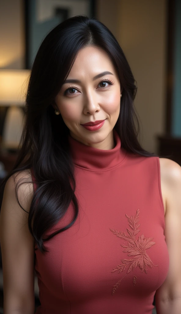 Lucy Liu dressed in sensual and attractive clothes with red painted lips with a sexy smile