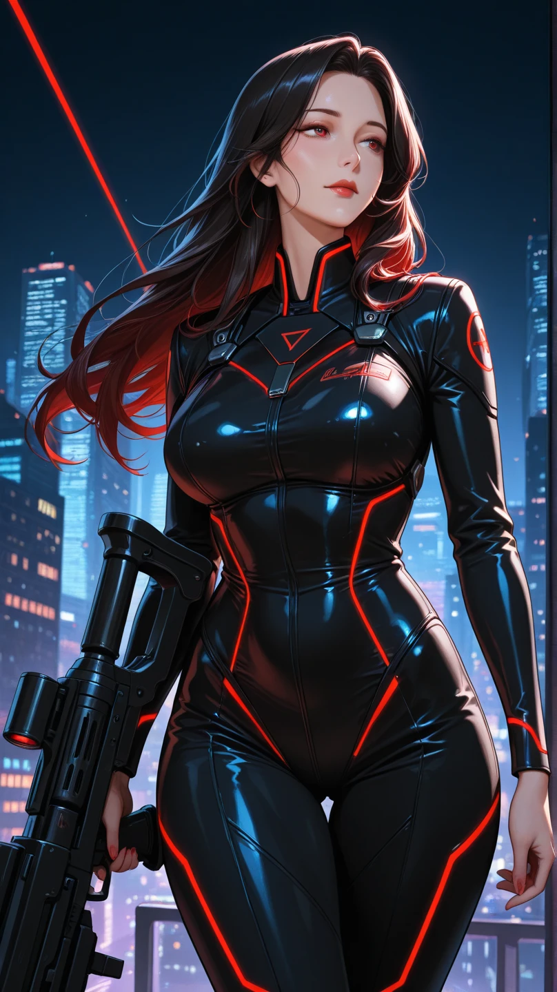 A dark scene of Black Widow in action, in a city at night, with skyscrapers in the background and lights reflecting on her black tactical suit. She holds her espionage weapons, ready for battle