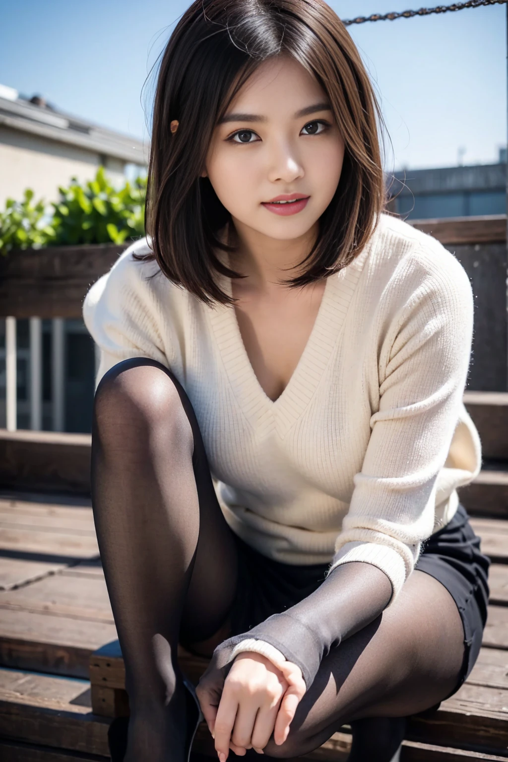 Best-quality, Masterpiece, Ultra-High-Resolution, (Photorealistic:1.4), Raw-Photo, Extremely-Details, Perfect-Anatomy,
1girl, 12-years-old, the most popular Japanese idol, squatting with legs tightly closed, hands on cheeks, elbows on knees, at Japanese winter street, (((((front view))))), looking at viewer, innocent smile,
(((panty-shot:1.3, wearing white cotton panties with cute patterned, detailed white cotton panties with cute patterned):1.1)),
detailed feet wearing black loafer shoes and white socks, extremely beautiful thighs and knees,
((wearing navy blue pleated skirt, detailed navy blue pleated skirt)),
wearing loose sweater, detailed loose sweater and cute designed scarf, detailed loose sweater, detailed cute designed scarf,
extremely cute face like a most famous Japanese idol, extremely beautiful big black solid circle eyes, very beautiful black short-cut-haired, detailed cute face, detailed big black solid circle eyes, detailed beautiful black short-cut-haired