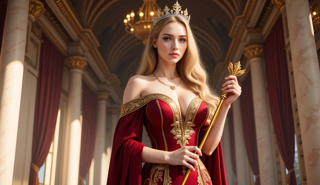 1 goddess afrodite, greek goddess, beautiful flowing red dress, blonde golden hair, full body photo, perfect skin, surrounded by handsome men, best quality, 4k, 8k, highres, masterpiece:1.2, ultra-detailed, realistic, photorealistic:1.37, HDR, UHD, studio lighting, ultra-fine painting, sharp focus, physically-based rendering, extreme detail description, professional, vivid colors, bokeh