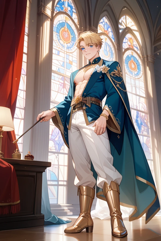 ((A ginger haired tall lean 18 years old English prince inspired by Spanish princess series’ Heinrich VII is wearing erotic medieval leather clothes his nipples piercing the cloth)), ((huge protruding bulge)), NSFW, hentai, porn, the setting is beautiful medieval outside castle, ((youthful face)), he is outside with soldiers in armor,  he is wearing rings, ((he is posing seductively)),