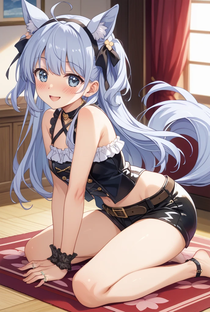 (nsfw:1.3),(open chest:1.3),((very flat chest :1.3)),((open design skirt:1.3)),((looking pussy:1.3)),((side tie panties:1.3)),highest quality, masterpiece, long eyelashes, Sparkling輝く目, Dresses with ruffles and ribbons, Eat cake in a café, Sparkling, Cat ear, flower hair ornament,
