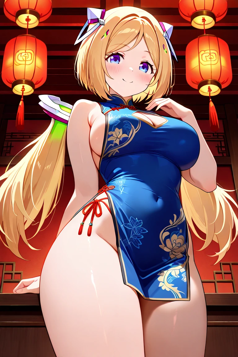best quality, 4K, On the table :1.3), Short pretty woman, blonde、long hair、Hair length、Kawaii pose、a smile、Huge 、 Super detailed face、、Hide one eye、Delicate eyes, Licentious, Striking a seductive pose, Smooth skin, (Big breasts), Round chest、Red blush,cheongsam