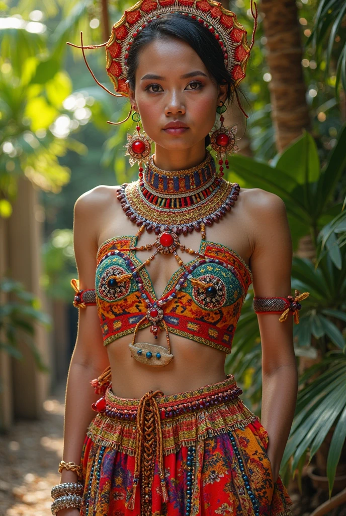 Orange fabric, fashion, a native top model with macaw feather props on her arm, Yanomami from Brazil, oriental features, straight hair, light brown skin, body with indigenous graphics with soft lines, neck with colorful beaded necklaces, abstract fabric, indigenous graphic pattern drawn in black on the edges of the fabric