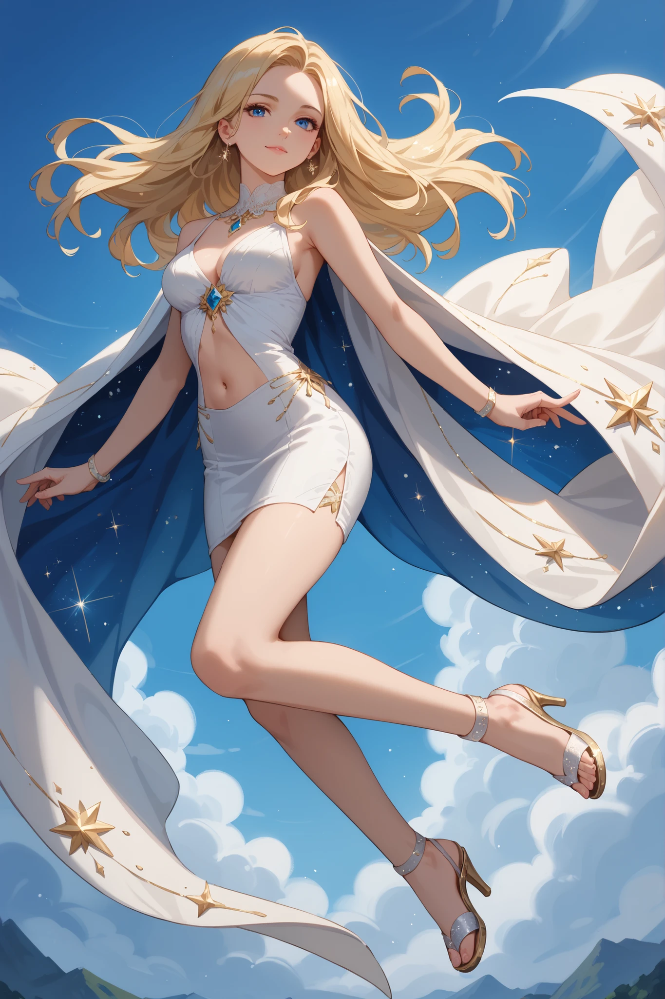 masterpiece,top-quality,Beautuful Women,Has angel wings,a blond,The long-haired,white sexy dress、Gold decoration、Brooch with blue gemstones,Luxurious tiara with blue jewels,Barley ears,Holding a date palm leaf in your hand,Sweating,Stepping representation,Red face,,cosmic space,The stars shine,Shooting stars are shining,Steaming,Pieces of light dancing