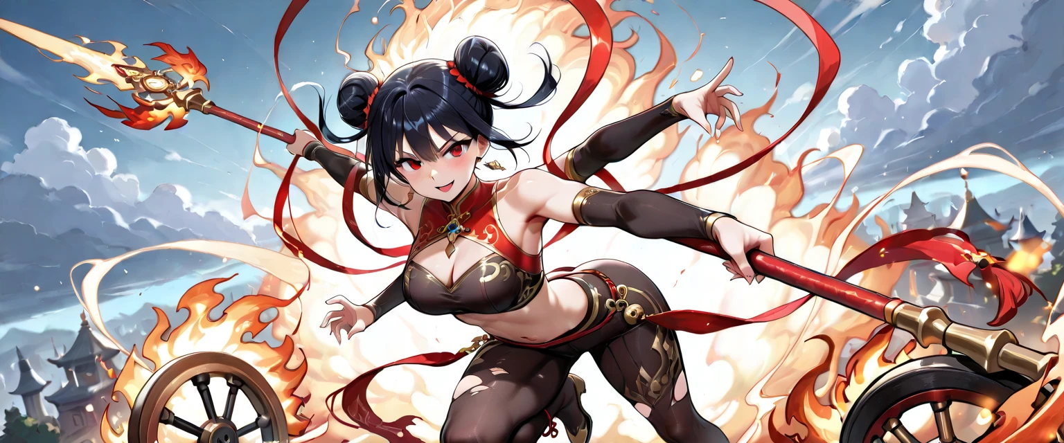 1girl, rabbitfolk, fantasy race, large breasts, bard, slutty revealing outfit, rabbit ears, rabbit tail, anthro rabbitfolk, martial artist, posing, black hair, anthro, anthro face, monk, hair ornament, bun, shortstack,