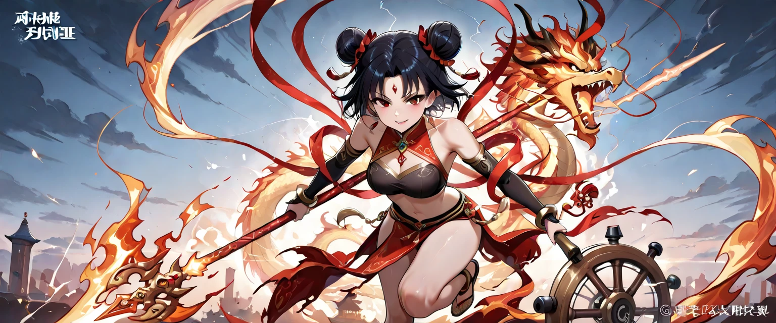 a paradise, venue, Donghua, Akali, looking at the audience, League of Legends, , 1 plump girl, Sit-ups, arm tattoo, 1个Giant Breast Girl , tie hair , black hair, (Chinese clothing,pleated long skirt,gold chain,red hanfu,Gold rim embroidery), hair between eyes, Trendy style, Have long bangs, long gray hair, (Block number. 1:1.2), ninja, ponytail, fanny pack, tattoo is,