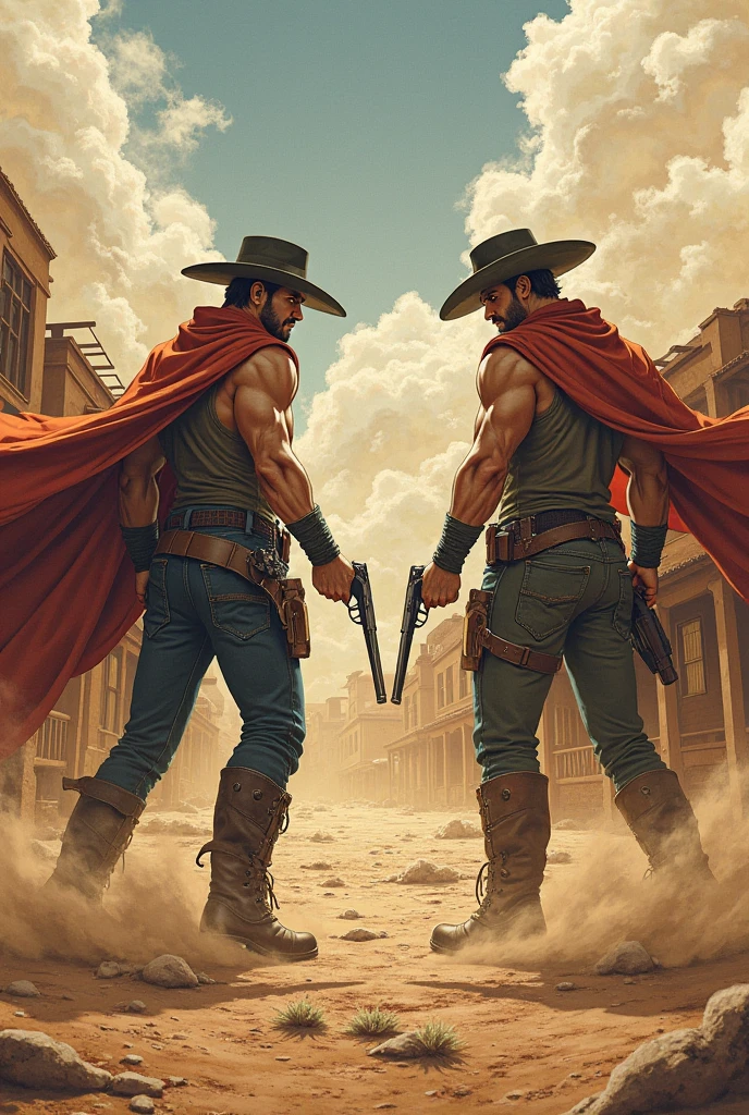 mccree, western setting, cowboy hat, red poncho, muscular, hunk, mechanical body, cybernetic right arm, cape, setting sun in background, smile, confident pose, cigar in mouth, best quality, shirtless, body muscles, chest muscle, big chest