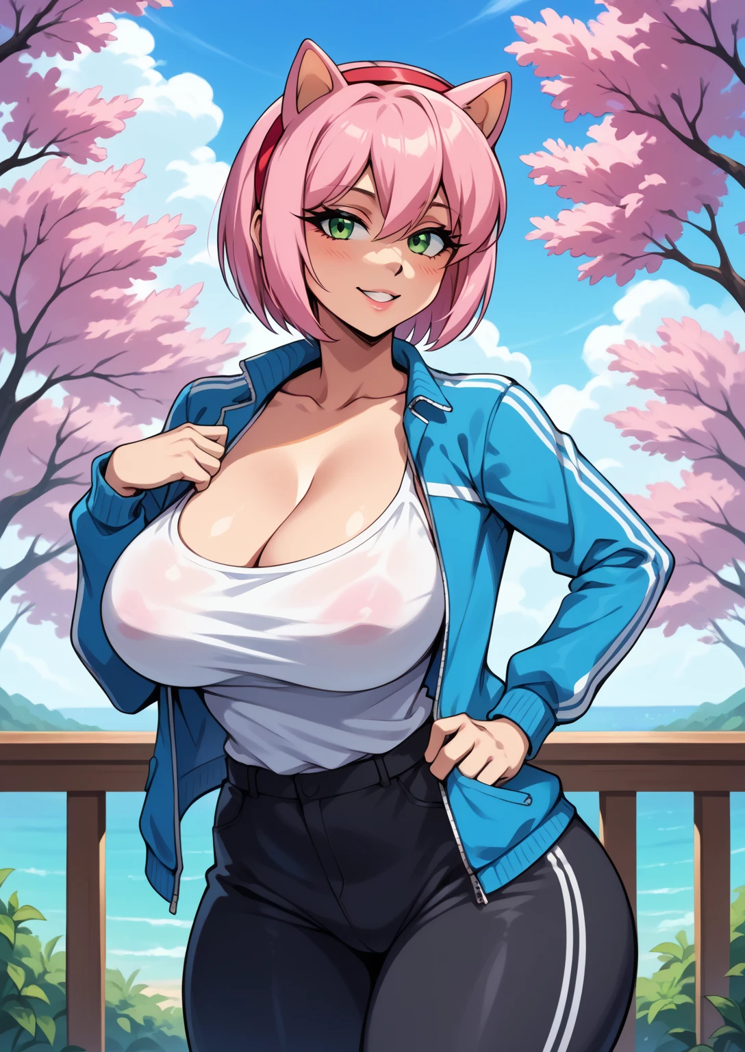 score_9,score_8_up,score_7_up, source_anime, red sleeveless, mini pants, navel, blush, smile, outdoors, sakurabr, haruno sakura, 1girl, forehead mark, red hairband, mature female, slim waist, exposed , pink nipples, exposed pussy, pink vagina, spread legs, sitting, facing front, smile, blush