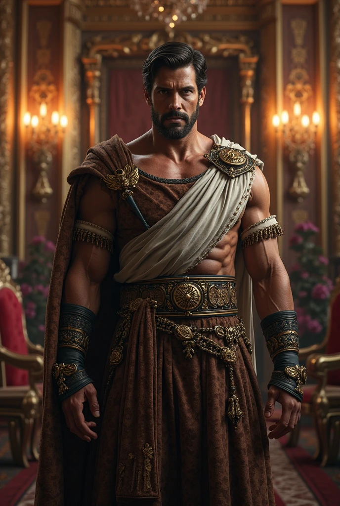 A muscular old man is in a wonderland, daddy vibe, The emphasis is on the male body. Above his head is a halo surrounded by a white cloud and a golden sacred light., (his body is adorned with gold chains with precious stones), (A heavy belt with a band of gold underwear with sparkling gemstones). Voluptuous crotch. short black hair, big expressive eyes. A clock ticks in the distance. This scene looks like something out of the realm of fantasy or legend seen from above