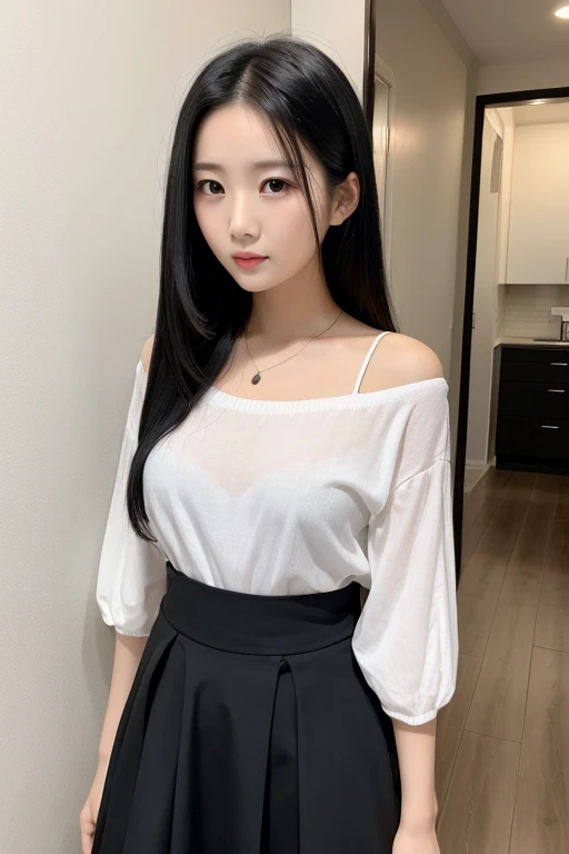 8K、超A high resolution、女の子1人、Off-shoulder white shirt、Black tight skirt、A dark-haired、a closeup