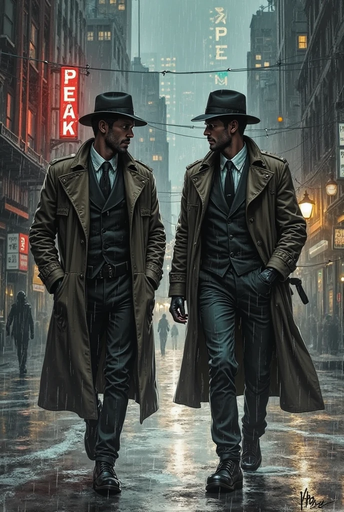 (furry detective masterpiece, best quality: 1.2), ultra-detailed face, (soft colors: 1.2, dark studio, rim lighting, two-tone lighting, dim light, low tone, ), ((heavy rain weather)), long leather raincoat, a poster for a \(style\) of the 1930s, noir detective film, (noir atmosphere:1), dark atmosphere, city night street, emphasis on noir colors, New York in the 1930s, Intricate, dramatic and photorealistic painting art by Midjourney and Greg Rutkowski, Color Field painting, Social realism, Futurism, from outside, cinematic lighting, high details, high quality, super detail
