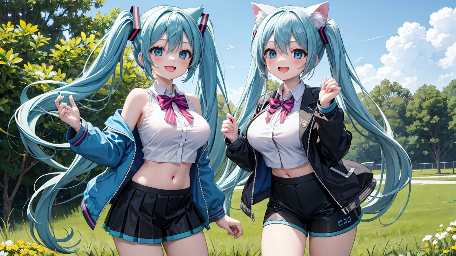 2girls, summer, village, trees, sun, clouds, ((colorful hair)), twintail, large breasts, blue bra, blue eyes, black shorts, brown shoes, grin, standing, hair ribbon, hand on hip