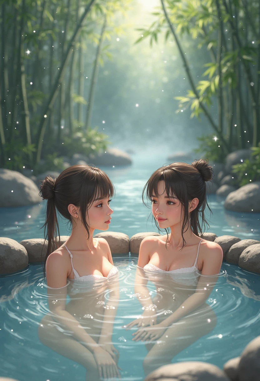 (perfect ???????:1.2)(absurdres, highres, ultra detailed),masterpiece,best quality,high resolution,8k,Realistic face,Realistic skin texture,magnified textures, stunning clarity,detailed anime girl,(ultra detailed eyes and face),,black hair,(messy bun),pale skin,Japanese shrine maiden, mysterious eyes,thin body type,big breasts,small ass,(expressionless:1.2).(onsen:1.5) in Steampunk in the Edo Period、(Vivid hieroglyph signs and street advertisements:1.2)hieroglyph,Delicate atmosphere、sitting,midnight