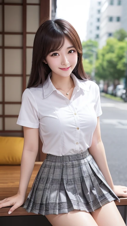 最high quality, 8k, , Sharp focus, high quality, High resolution, Mature Woman、Japan、42 years old、Mother、Big Breasts、WhiteTshirt、Above the knees image、drooping and large、、skirt、Stand facing forward、aunt、Middle-aged women、、Thick waist、smile、town park , Very beautiful face,Lip gloss, (Big breasts 2.0) , black mini skirt
