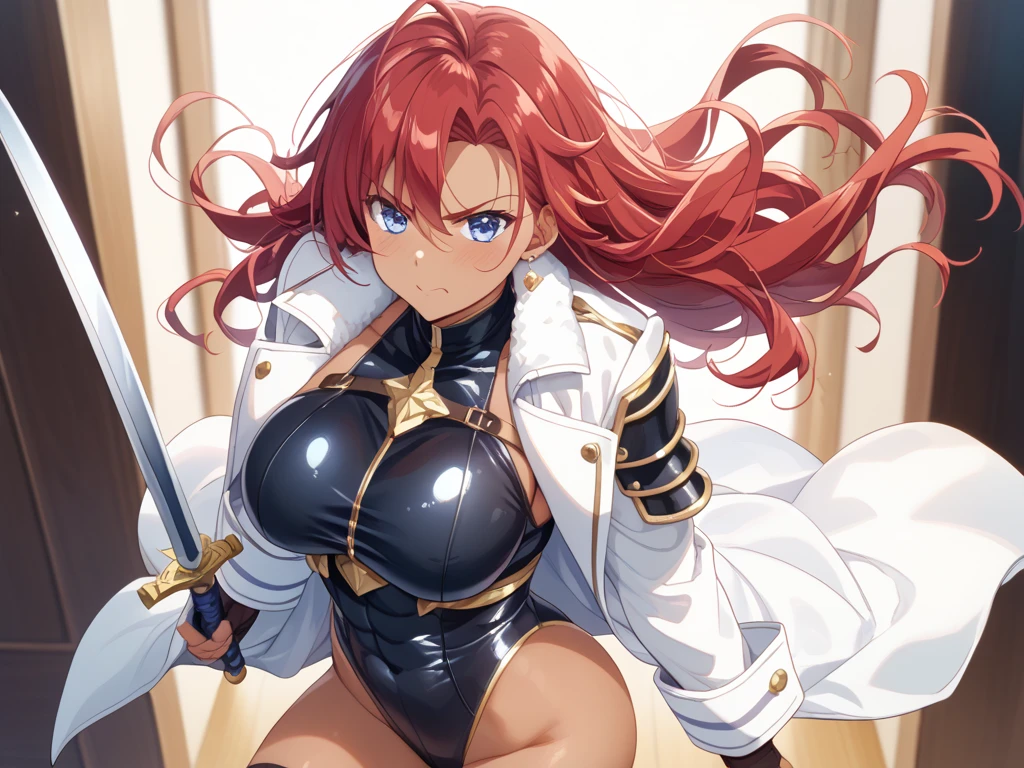 ultra-detailed, Explicit, Beautiful body, Beautiful Nose, Beautiful character design, perfect eyes, perfect face, ultra highres, 4K, beautiful legs, perfect legs, Nice hands, Perfect hand, Masterpiece, Best Quality, Highly detailed, illustration, absurdres, street fighter, doll suit, shadaloo doll, dollsuit, expressionless, blank eyes, looking at viewer, red gloves, emotionless, black latex, corrution, mind control, female combatant, full body, hypnotized, unhappy trance, full body suit, ribbed bodysuit, both arms at side, obey, perfect female body, extremely glossy latex, hypnosis, hypnoLora, empty eyes, Mind control device, poses, submissive_pose, Slave, hat, necktie, stand up straight, standing, standing at attention, hat, necktie, belt, latex, ribbed bodysuit, thighhighs, garter belt, Fighting Stance, extending the right arm from the shoulder into the air with a straightened hand, nazi saluting, military, military saluting, salute, thigh boots, 1girl, Fairy tail, Irene Belserion, red hair, twin braids, red eyes