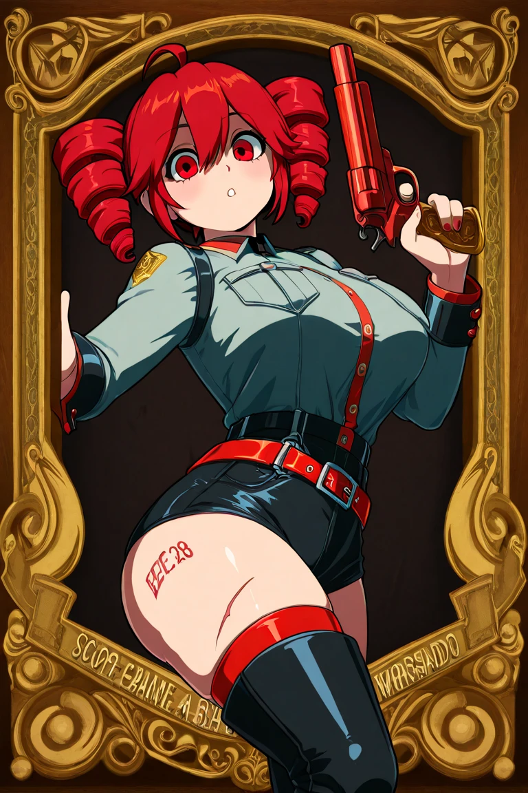 1 girl, milf, red eyes,tomboy Pixie haircut, red hair, black eyebrows, spiked hair, black choker, spiked hair, very Short hair, micro bikini, lipstick, cowboy shot, serious face, huge breast, belly, female pubic hair, glasses, beach