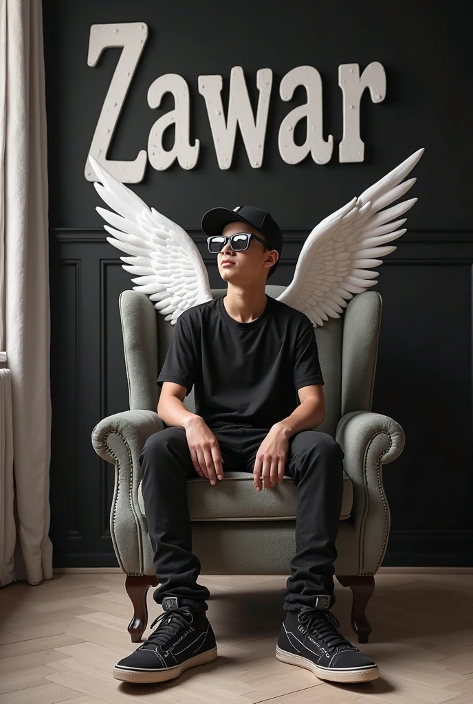 Create a 3D illusion for a instagram profile picture where a boy in a black shirt sits causally on a wingback chair. wearing sneakers, a black football cap, and sunglasses. he looks ahead the background feature Samiul in big and capital white fonts on tha black wall there should not be his shadow and there are wings to make it appear as if he is an angel