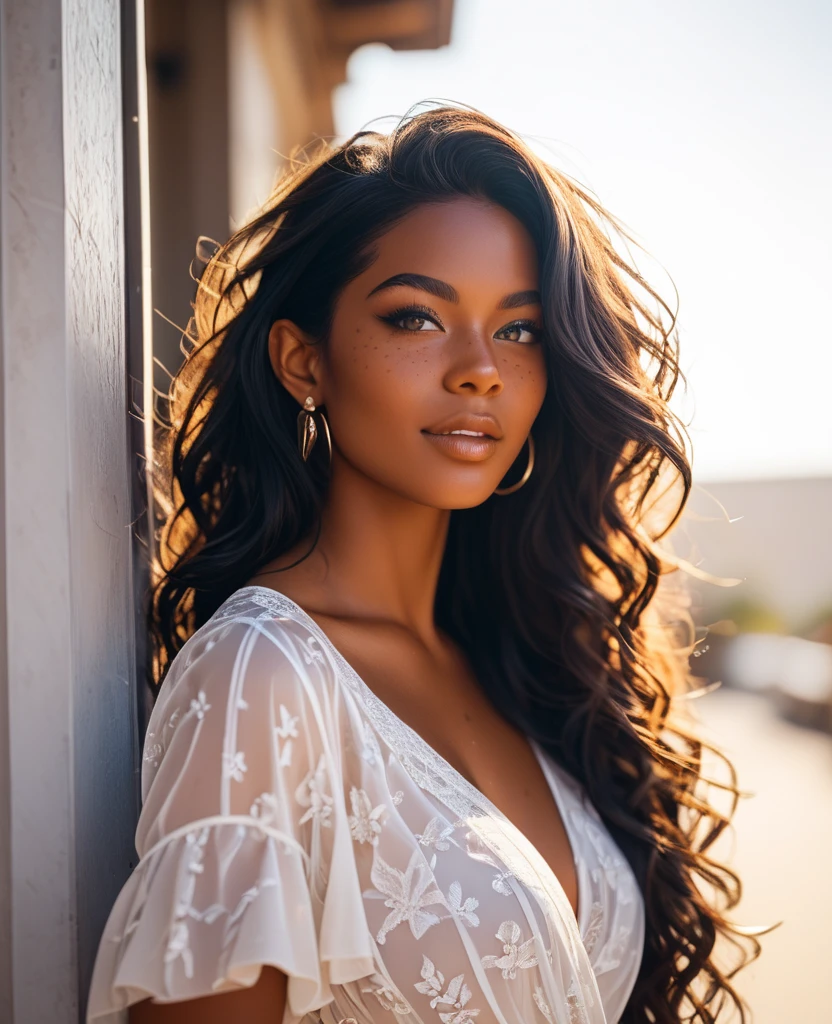 The image presents an alluring black woman in her mid-thirties, adorned with long, dark, wavy hair that cascades down her back in luscious waves. Her medium-brown eyes sparkle with a captivating warmth, softly framed by well-groomed eyebrows. A delicate application of pink lipstick accentuates her full lips, which are further enhanced by a subtle peachy blush. She sits elegantly in a private jet, the light reflecting off her radiant skin. The focus is on her, as the camera captures her from a centralized position with a sharp focus. The lighting is volumetric, highlighting her features and adding depth to the