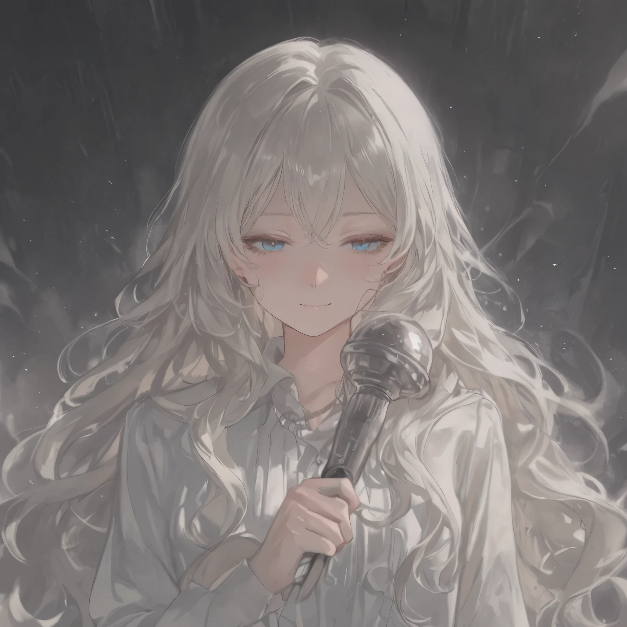10~ girl in her 20s , Long white wavy hair, blue eyes, School of magic , dreamy magic wand, a pale smile, School of magic 배경
