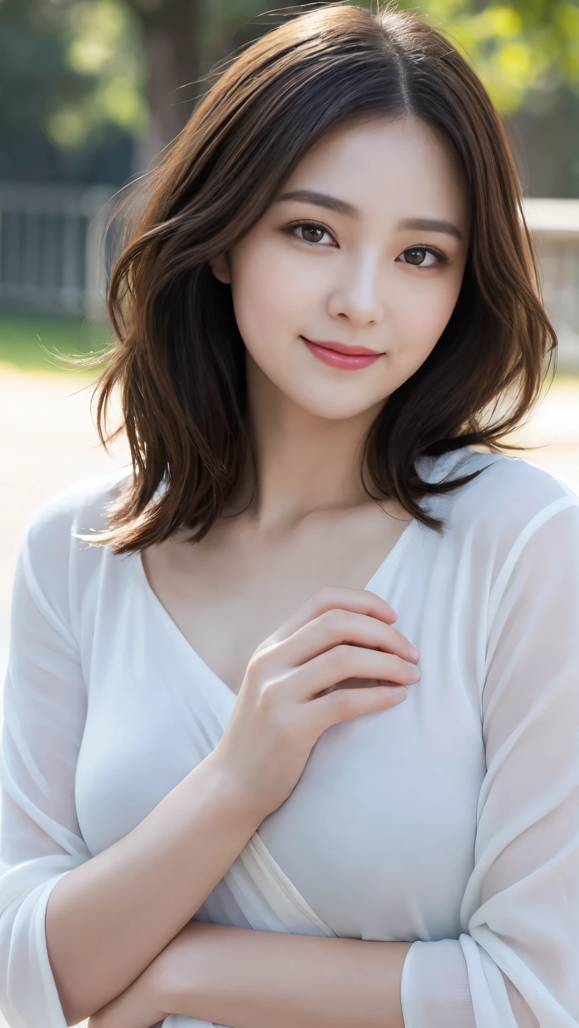 Good move,4K, High resolution, masterpiece, highest quality, head:1.3, (Japanese actress), Detailed skin, Sharp focus, (Cinema Lighting), clavicle, morning, Soft lighting, Medium Hair, Dynamic Angle, [:(Detailed face:1.2):0.3], Armpit wrinkles, Thigh Gap, Casual clothing, thin, Outdoor