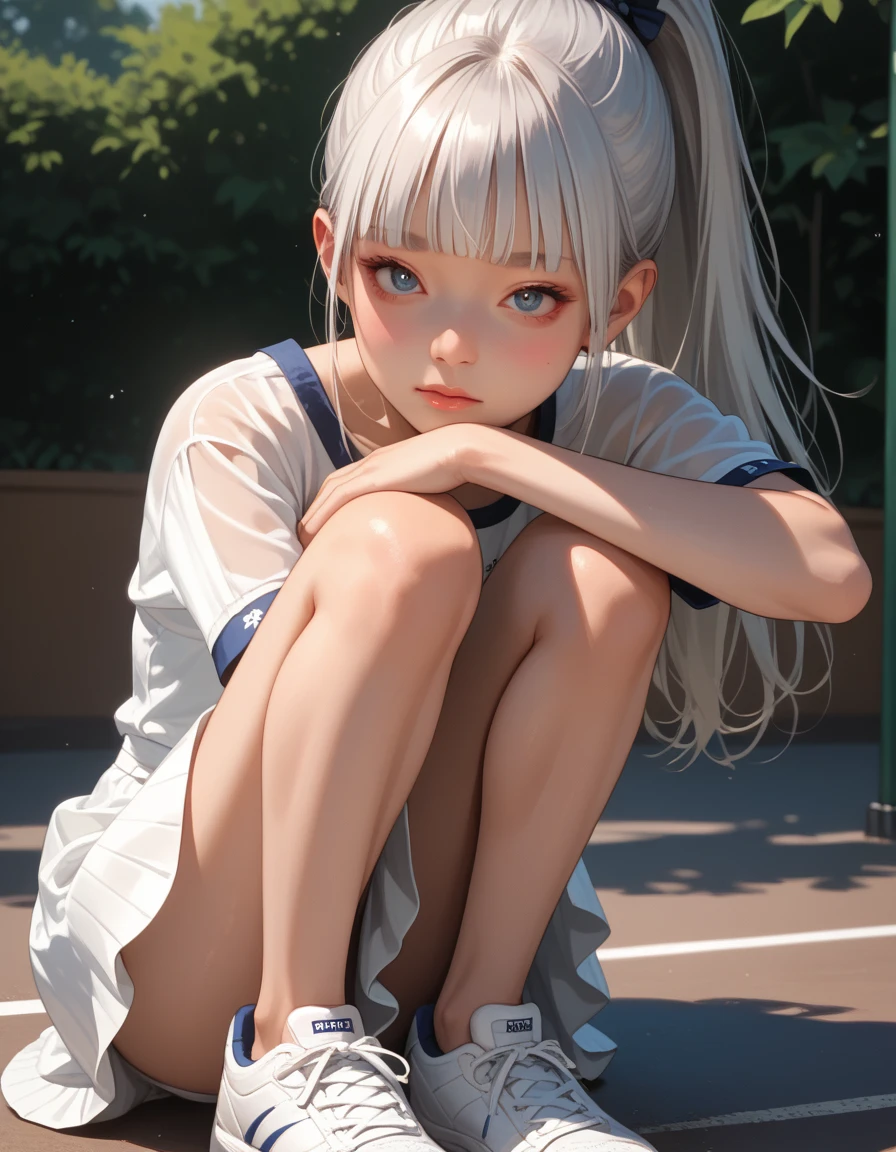 best quality, white hair, gold eyes, white clothes, looking up, hair strand, Fair skin, smiling, sports shoes
