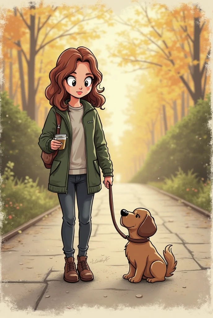 I want a cartoon , Something cute and funny about a drunk woman and her dog
May the drunk be sad and the dog be the same
That they walk in the opposite direction as if they were lost, one on the left and one on the right pero o sea que vayan por dos caminos diferentes