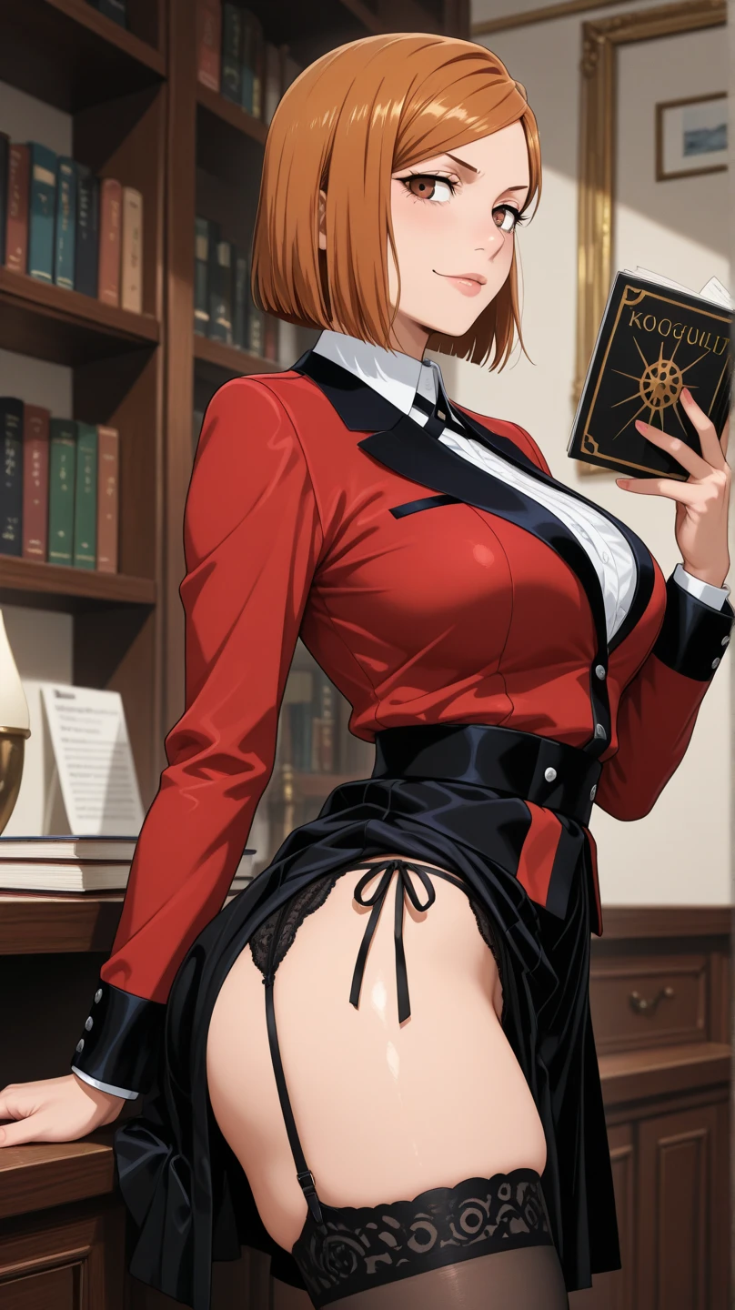 (best quality, high quality:1.2), cinematic lighting, extremely detailed,
YuukiAyaka, 1girl, (solo:1.1), mature female, walking, from behind, (from below:1.2), pantsushot, (skirt tug:1.2), (hand on skirt:1.1),
shy, embarrassed, blush, open mouth,
short hair, red lipstick, makeup, eyeshadow, brown eyes, earrings, jewelry,
(red skirt suit, pencil skirt:1.25), (pink panties:1.15), 
huge breasts, (thighs:1.1),
luxury room, bookshelf, 
<lora:YuukiAyaka:0.8>