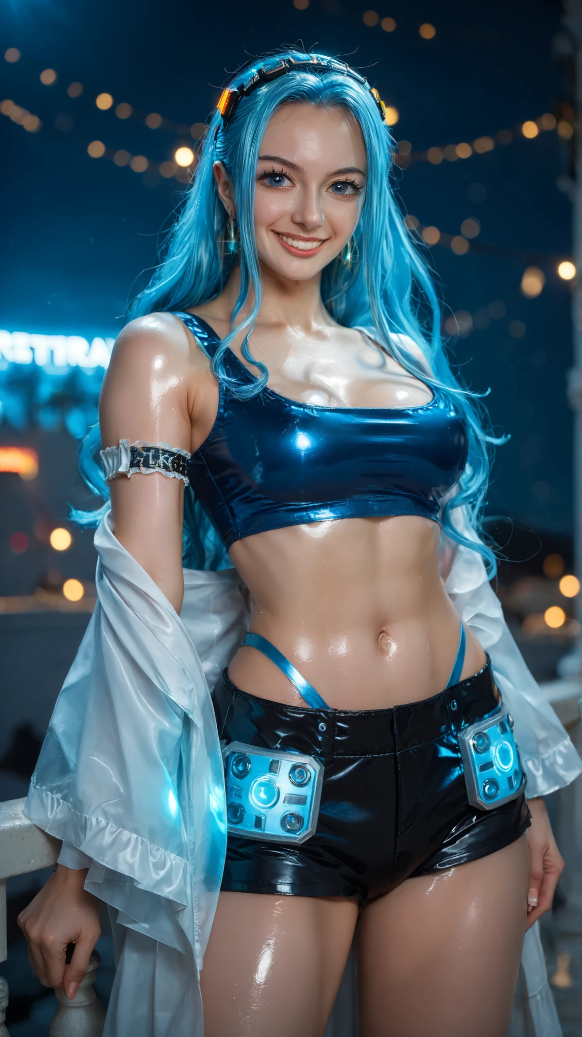 2D, anime style, futuristic fashion, cyberpunk aesthetic, sexy futuristic outfit showing toned abdomen, high-tech silver and black crop top with glowing neon blue lines, tight high-waisted shorts or skirt with tech details, metallic accessories, arm bands with LED lights, slim figure, exposed midriff, confident pose, blue long hair flowing, blue eyes, soft smile, highly detailed face, shiny skin, glowing elements on clothing, sci-fi earrings, background black with neon light accents or digital holograms, medium shot (head to hips), beautiful lighting, high resolution, Korean style, Nefertari Vivi cosplay, stylish and modern.